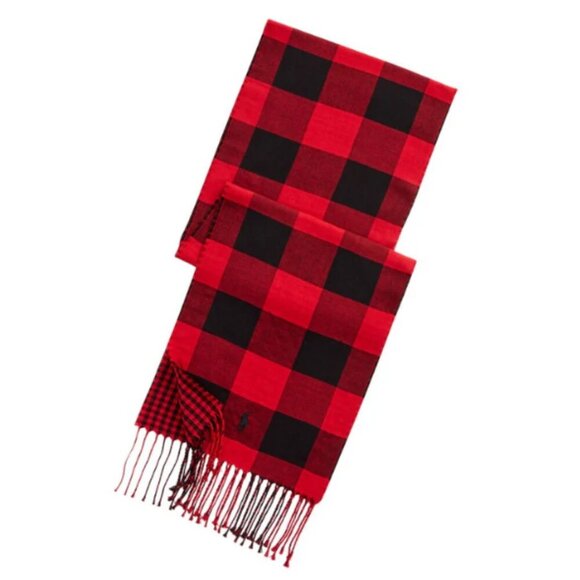 Polo Ralph Lauren Scarf Reversible Check Brushed Cotton Red Black Plaid Unisex - Picture 1 of 4